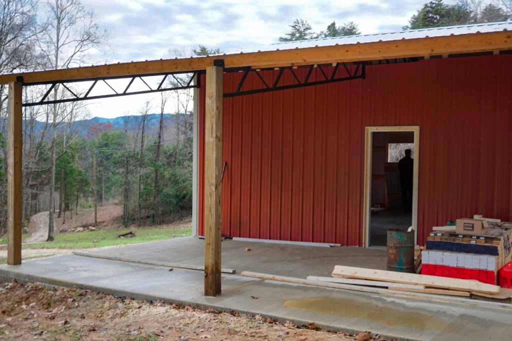 pole barn under construction in the Smoky Mountains